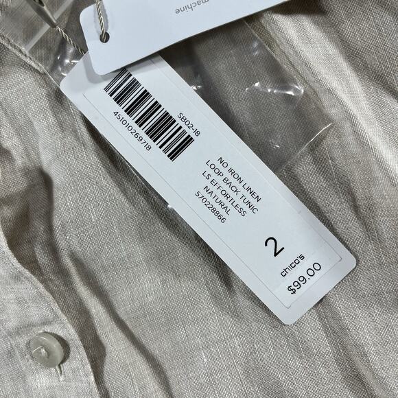 CHICOS SHIRT WOMENS 2 BEIGE NO IRON LINEN LOOP BACK TUNIC NWT NEW BUTTON UP TOP - Picture 3 of 9